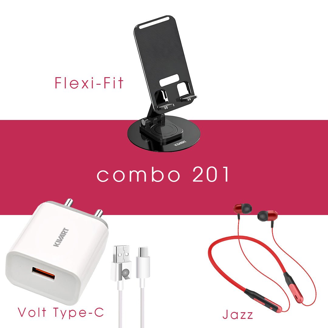 Combo 201 [Diwali] | FlexiFit mobile stand, Jazz Neckband, Volt Type - C charger - KivartLabs