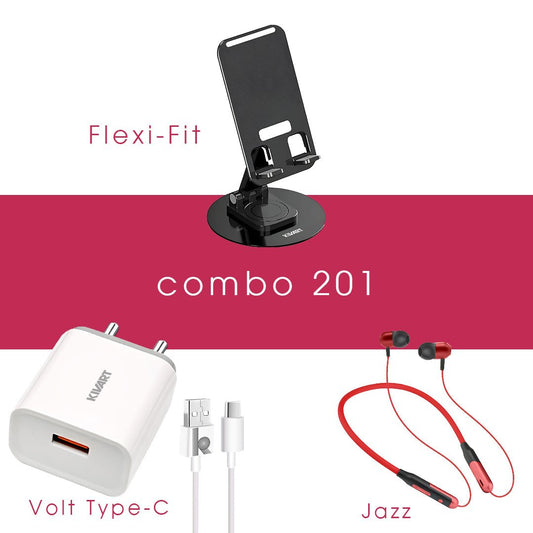 Combo 201 [Diwali] | FlexiFit mobile stand, Jazz Neckband, Volt Type - C charger - KivartLabs