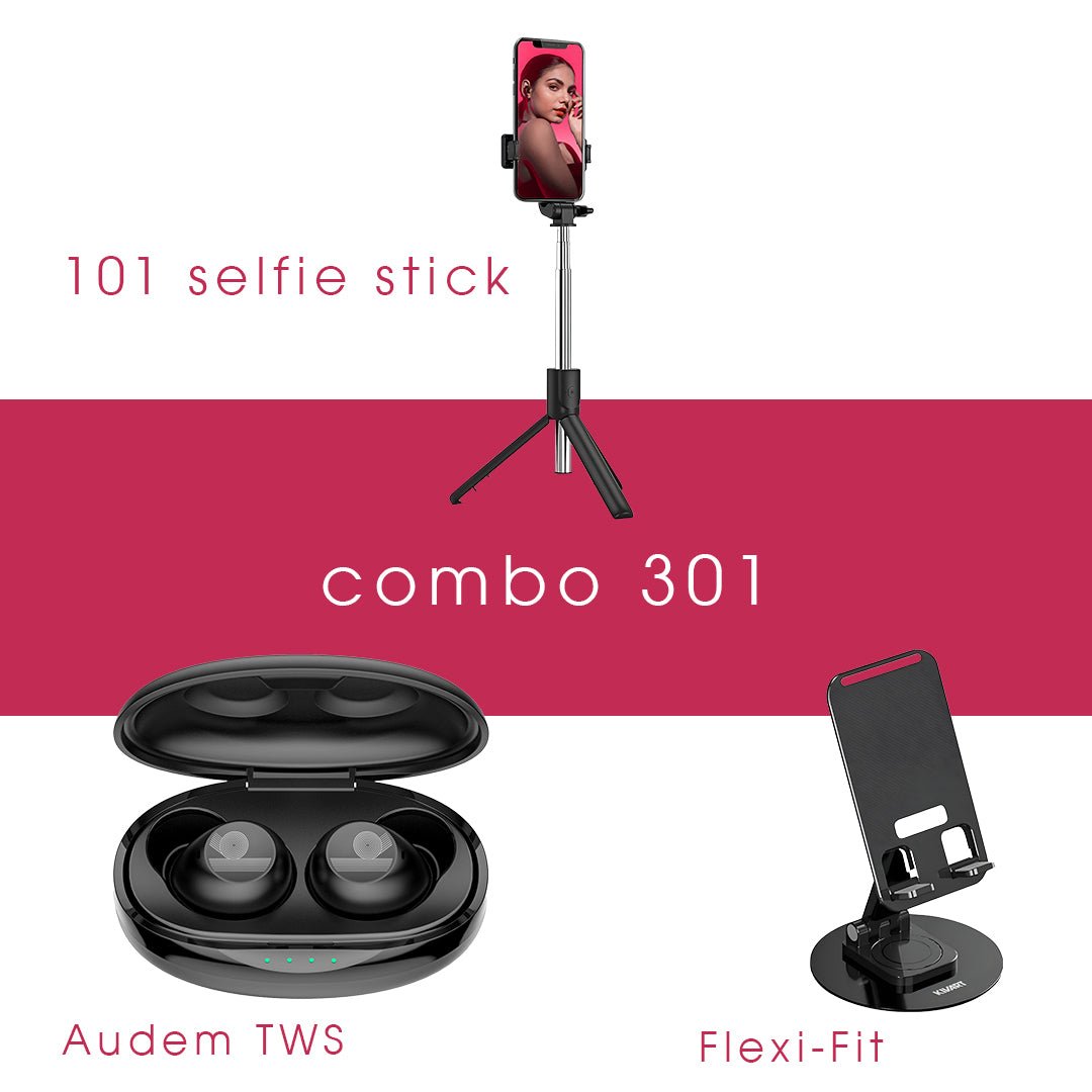 Combo 301 [Diwali] | FlexiFit mobile stand, Audem TWS, 101 Selfie stick - KivartLabs